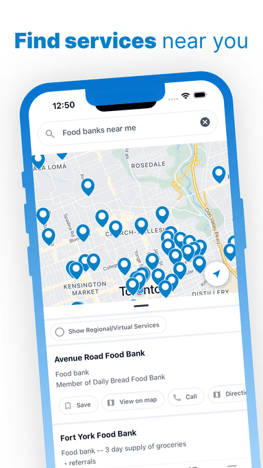 App screenshot of map with service pins and text find services near you