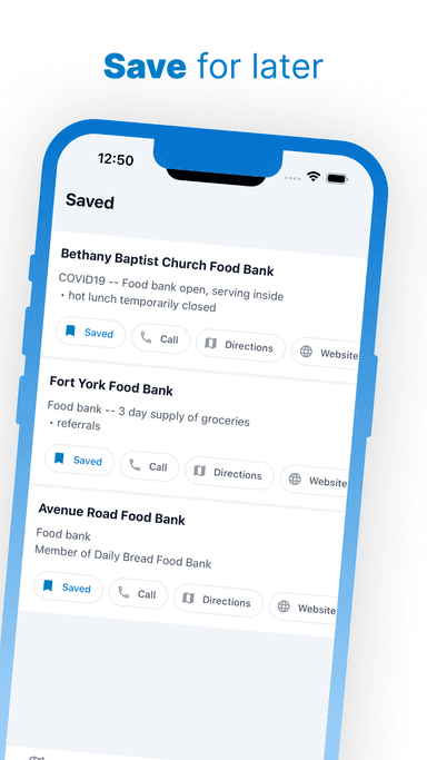 App screenshot of a list of services with the header saved and text save for later